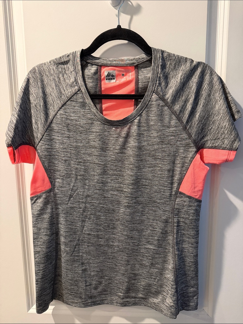 RBX Short Sleeve Heather Gray Performance Tee with Coral Panels